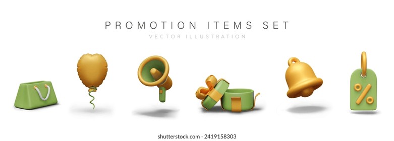 Set of realistic items for promo. Shopping bag, balloon, megaphone, gift box, bell, discount tag