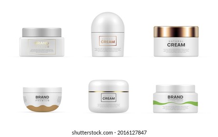 Set of realistic jar cream vector illustration. Collection plastic container with moisturizing, hydration and nutrition cosmetics product isolated. Body butter, face scrub, bath salt, gel, skin care