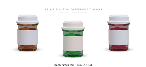 Set of realistic jars with pills. Packaging with blank labels. Mini glass bottles with lids for dosing medicines, drugs. Set of vector icons of different colors