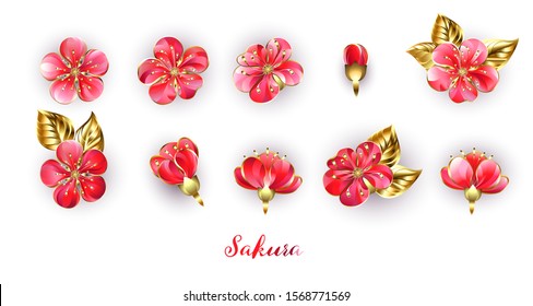 Set of realistic, jewelry, shiny sakura flowers with red petals and gold stamens on white background.