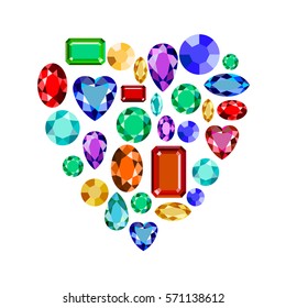 Set Of Realistic Jewels. Colorful Gemstones. Vector Gemstone Heart Illustration