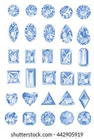 Set of realistic jewels isolated on white background with different cuts. Princess cut jewel. Round cut jewel. Emerald cut jewel. Oval cut jewel. Pear cut jewel . Heart cut jewel.