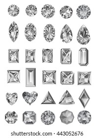 Set of realistic jewels isolated on white background with different cuts. Princess cut jewel. Round cut jewel. Emerald cut jewel. Oval cut jewel. Pear cut jewel . Heart cut jewel.