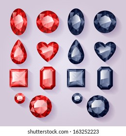 Set Of Realistic Jewels - Red And Black. Colorful Gemstones.