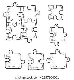 Set of realistic jigsaw puzzles, separate and four in black isolated on white background. Hand drawn vector sketch illustration in engraving doodle outline vintage line art style. autism awareness