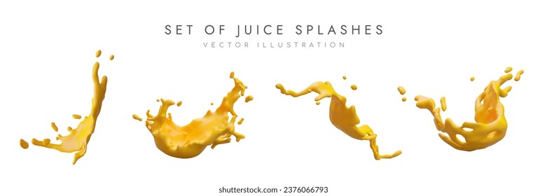 Juego de jugos realistas. Zumo de naranja en el aire, gotas y arroyo. Beber jugoso. Ilustración de color vectorial para publicidad web. Ingrediente natural