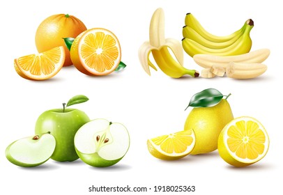 Set of realistic juicy fruits apple, banana orange, lemon. Whole and halved fruits, fruit wedges. High quality vector image isolated on white background