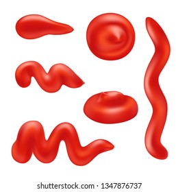 Set of realistic ketchup drops. Flowing red tomato sauce isolated on white background. Realistic 3d pasta condiment vector illustration. Top view.
