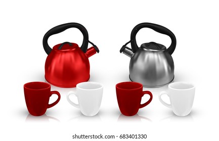 set of realistic kettle and cup with shadow and reflection isolated on white background. vector illustration