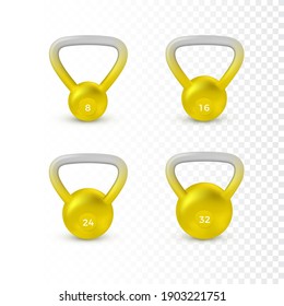 Set of realistic kettlebell. Weight of different kilograms. Equipment for bodybuilding and workout. Vector