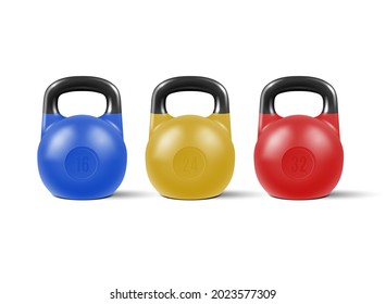 Set of realistic kettlebells for the gym. Vector illustration.