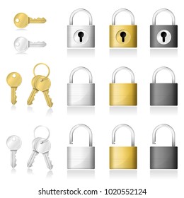 Set of realistic key and padlock icons isolated on white background , vector , illustration