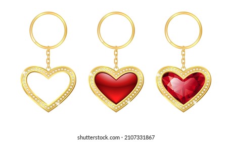 Set of Realistic keychains red heart shape, holder trinket for key with golden ring. 3d template fob, accessory or souvenir trinket for home, car or office. Vector illustration