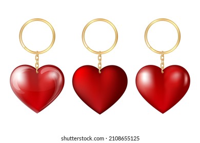 Set of Realistic keychains red heart shape, holder trinket for key with golden ring. 3d template fob, accessory or souvenir trinket for home, car or office. Vector illustration