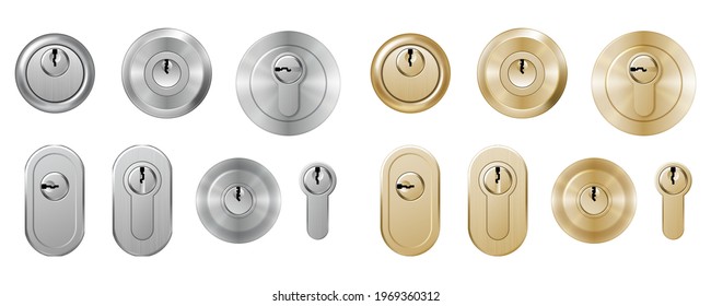 Set of realistic keyholes and keys for padlocks. Metallic lockers isolated with key holes template. Classic chrome lock security objects. 3d Vector illustration