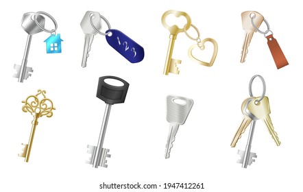 Set of realistic keys with different keychains on white background isolated. Keyholders and keyrings collection. Metal modern and retro keys with pendants. Vector illustration