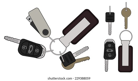 Set of realistic keys icons: remote car starter, usb flash drive, leather trinket, group of house keys. Color illustration isolated on white