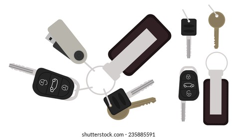 Set of realistic keys icons: remote car starter, usb flash drive, leather trinket, group of house keys. Color vector no outline clip art illustration isolated on white