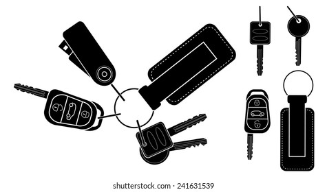 Set of realistic keys icons: remote car starter, usb flash drive, leather trinket, group of house keys. Black and white vector clip art illustration isolated