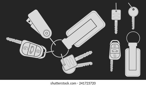 Set of realistic keys icons: remote car starter, usb flash drive, leather trinket, group of house keys.Chalk vector clip art illustration isolated on blackboard