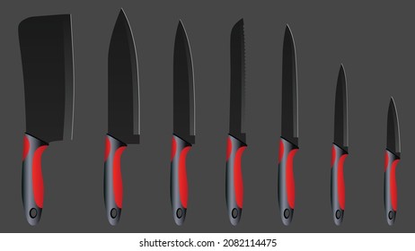 set of realistic kitchen knives isolated on black, Vector illustration, chef knives, Cutlery icon set