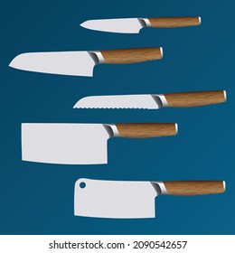 set of realistic kitchen knives isolated on blue, Vector illustration, chef knives, Cutlery icon set