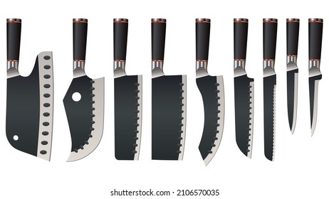 set of realistic kitchen knives isolated on white, Vector illustration, chef knives, Cutlery icon set