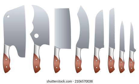 set of realistic kitchen knives isolated on white, Vector illustration, chef knives, Cutlery icon set