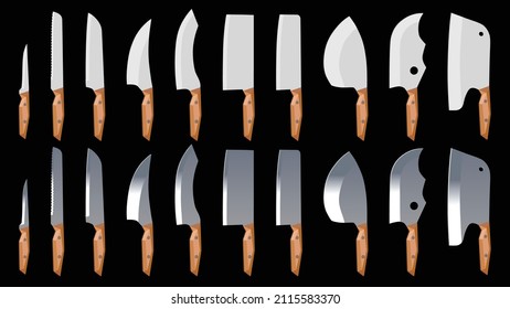 set of realistic kitchen knives isolated on black, Vector illustration, chef knives, Cutlery icon set
