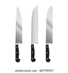 Set realistic kitchen knives isolated on white background. Chef knives icons. Vector illustration