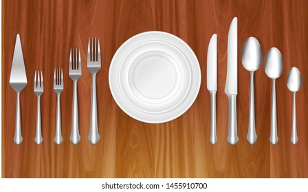set of realistic knife fork and spoon, in dinner concept at wooden table. easy to modify 