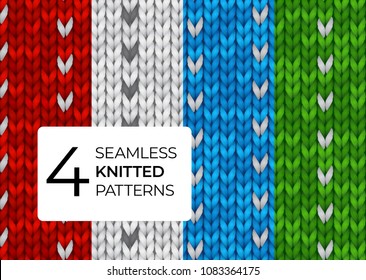 A set of realistic knitted patterns. Colored seamless knitted textures for the background of the site, greeting cards, wallpapers, invitations, banners. Vector illustration for a dark background.