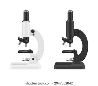 Set realistic lab microscope side view vector illustration. Innovation discovery and science researching zoom equipment isolated. Black and white optical technology for scientific molecule analyzing