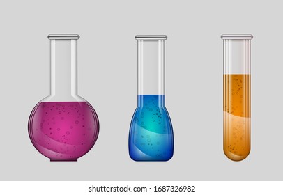 Establecer cristales de laboratorio realistas aislados en fondo gris. Tubo de laboratorio, vaso de precipitado y matraz llenaron diferentes colores líquidos. Equipo de recogida para ensayos o experimentos químicos. Vector de existencias