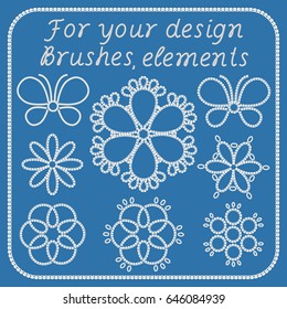 Set of realistic lacy decorative elements for design. Lacy brushes included. Vector illustration