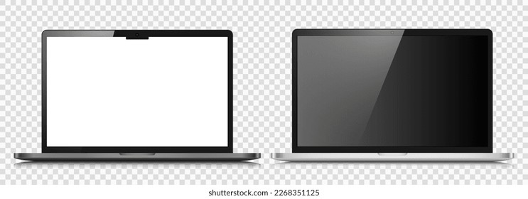 Un conjunto de diseños realistas de portátiles en un estuche de metal plateado. Dos laptops con pantallas blancas negras sobre un fondo transparente. Ilustración vectorial.