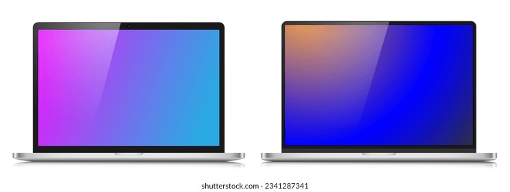 A set of realistic laptop layouts in a silver metal case. Two laptops with color gradient screens on a white background. Vector EPS 10.