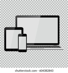 Set of realistic laptop, tablet and mobile phone with empty screen. Isolated on transparent background.