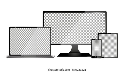 Set of realistic laptop, tablet and mobile phone with empty screen. Isolated on transparent background.