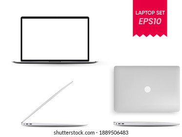 Set of realistic laptops, vector illustration. Collection of thin laptops on side, front and top view.