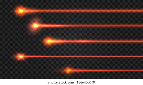 Set of realistic laser beams on transparent background. Vector illustration.