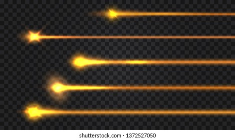 Set of realistic laser beams on transparent background. Vector illustration.