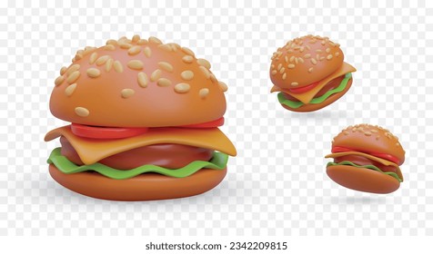 Set of realistic layered burgers in different positions. Round bun sprinkled with sesame seeds. Meat, vegetable, cheese filling. Classic hot fast food. Vector icons for sites, games