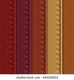 Set of realistic leather textures with seams. Leather backgrounds of different brown shades. Vector illustration