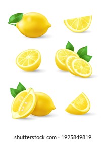 Set of realistic lemon with green leaf, whole and sliced, sour fresh fruits, bright yellow peel, lemons vector illustration isolated on white background. Juicy ripe citrus collection.