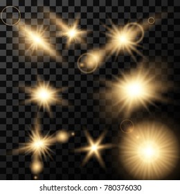 Set Realistic Lens Flare Shining Collection. Light Effect on transparent background. Vector Illustration 