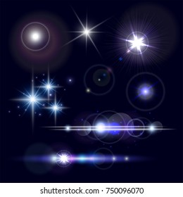 Set of realistic lens flares star lights and glow white elements on dark blue background. Vector illustration