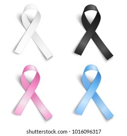 Set of realistic light blue, rosy, pink, black, white ribbons, world hope symbols, vector illustration.