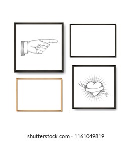Set of Realistic Light and Dark Wooden Picture Frames on a White Wall, isolated on white. Design Template for Mock Up. Square and rectangle A4 shapes. Vector