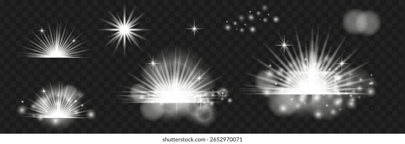 A set of realistic light effects on a transparent background. Shining stars, light rays, flashes, glitter, shine and soft glow. Ideal for festive and creative designs: New Year and Christmas cards